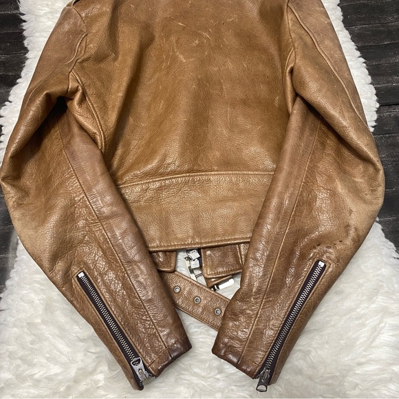 SCHOTT PERFECTO TAN LEATHER ASYMMETRICAL MOTORCYCLE 525W JACKET MOTO BIKER - Picture 9 of 10